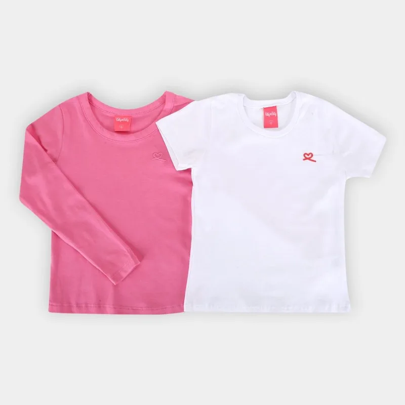 Kit Blusa Infantil Kely & Kety Basic Manga Longa e Curta Menina - 2 Peças - Menina - Branco+Rosa
