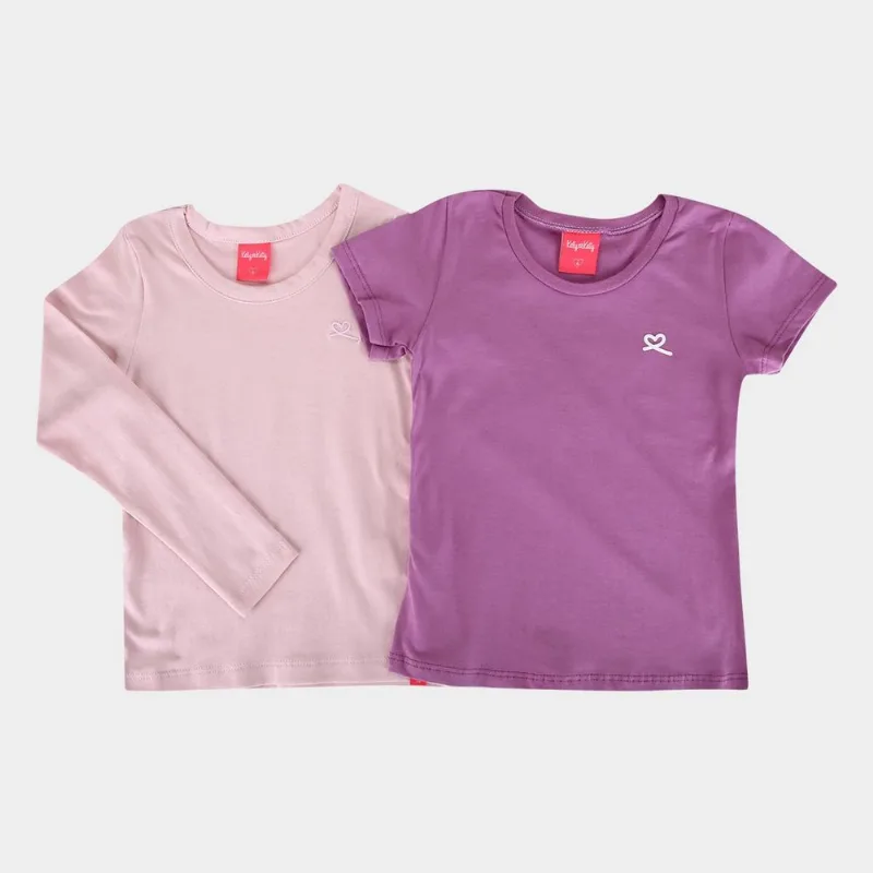 Kit Blusa Infantil Kely & Kety Basic Manga Longa e Curta Menina - 2 Peças - Menina - Lilás+Rosa