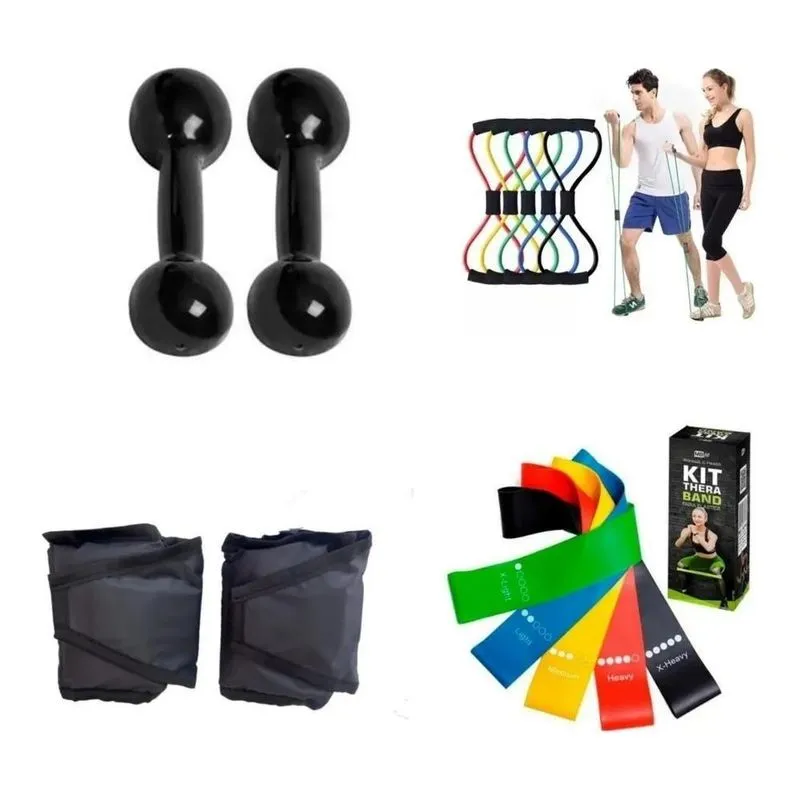3x Par Halter 1 Kg+ Caneleira 1 Kg+ Kit 5 Theraband+ Elástic