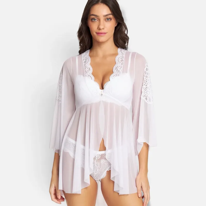 Robe Negligê Tule com Renda Recco Branca M