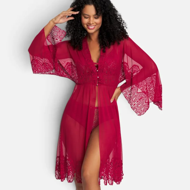 Robe Negligê Tule com Rendão Magnólia Recco Vermelho Romance G