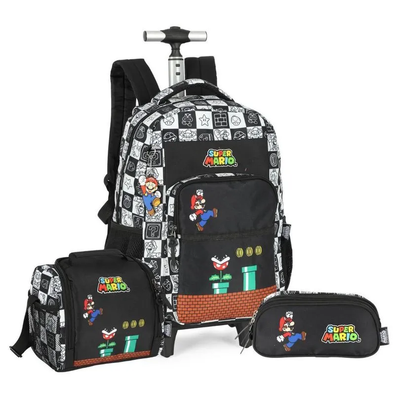 Kit Mochila De Rodas Super Mario Lancheira E Estojo - Preto