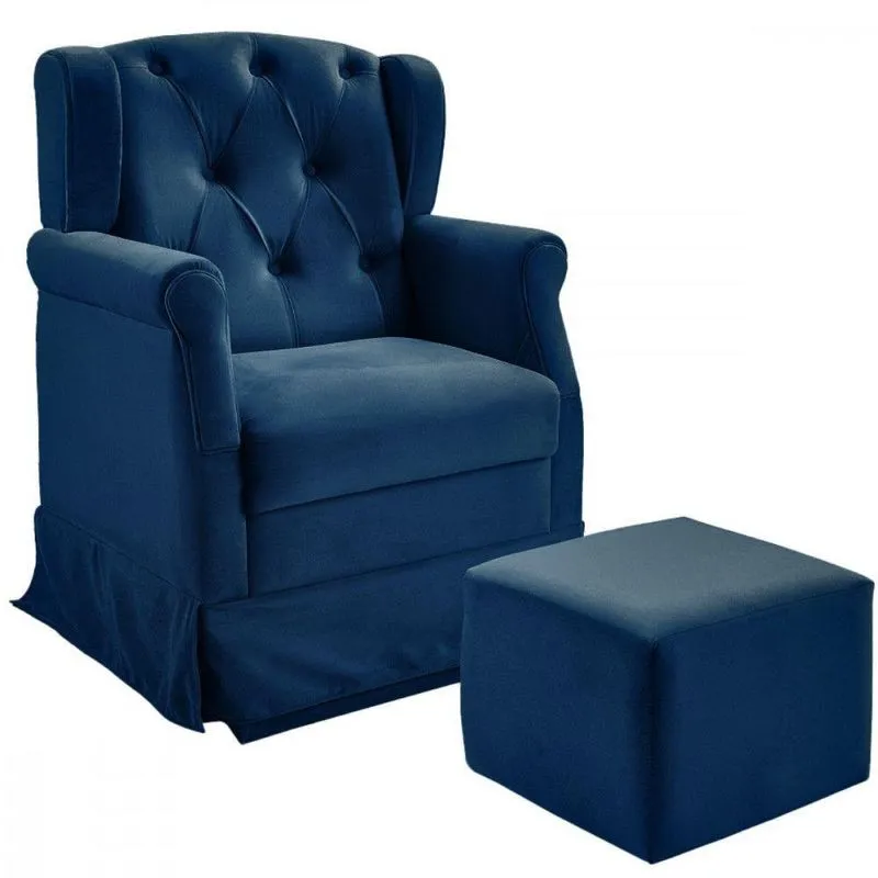 Poltrona De Amamentação Balanço Puff Ternura Veludo Azul Azul