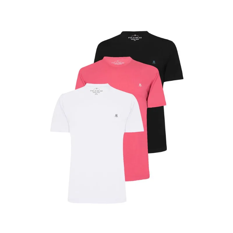 Kit Com 3 Camisetas Básica 1 Preto, 1 Rosa Escuro E 1 Branco Polo Wear Preto M