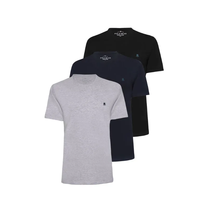 Kit Com 3 Camisetas Básica 1 Preto, 1 Azul Escuro E 1 Mescla Claro Polo Wear Preto GG