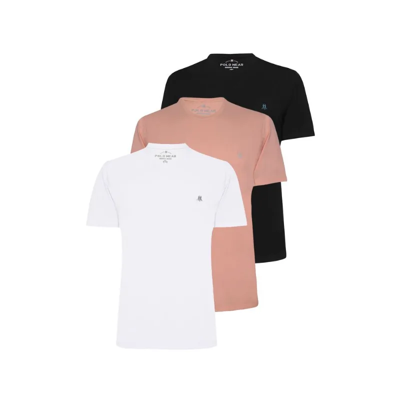 Kit Com 3 Camisetas Básica 1 Preto, 1 Rosa Claro E 1 Branco Polo Wear Preto G