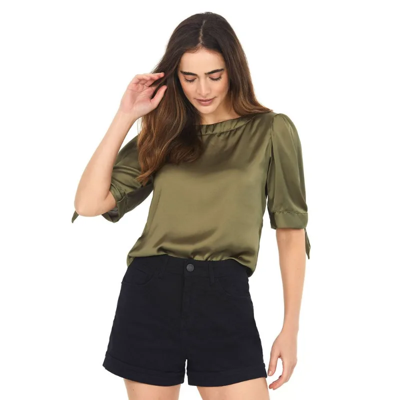 Blusa De Cetim Laço Manga Polo Wear Verde Médio M