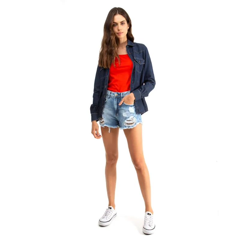 Camisa Feminina Jeans Bolso Frente Polo Wear 36