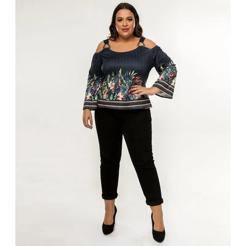 Blusa Feminina Recorte Mangas Secret Glam Azul Plus M