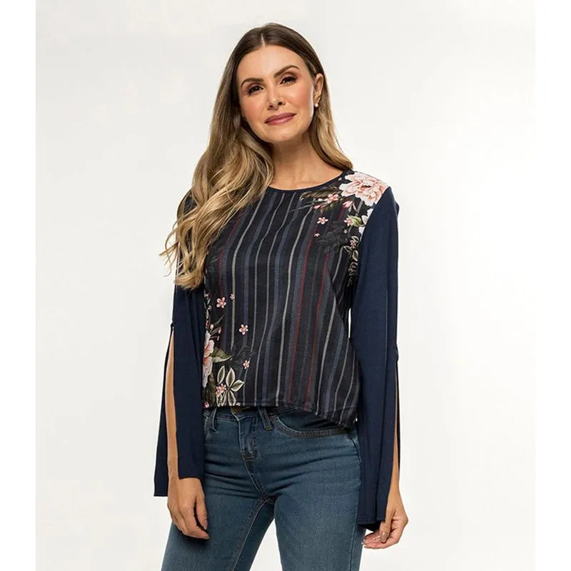 Blusa Feminina Abertura Mangas Rovitex Azul G