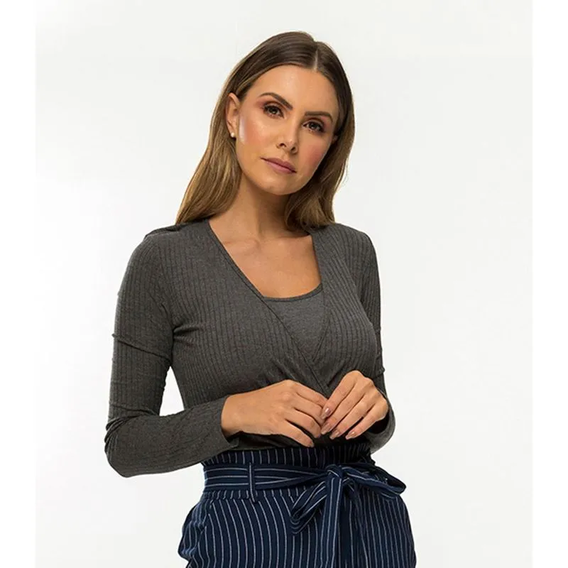 Body Canelado Feminino Transpassado Endless Cinza M