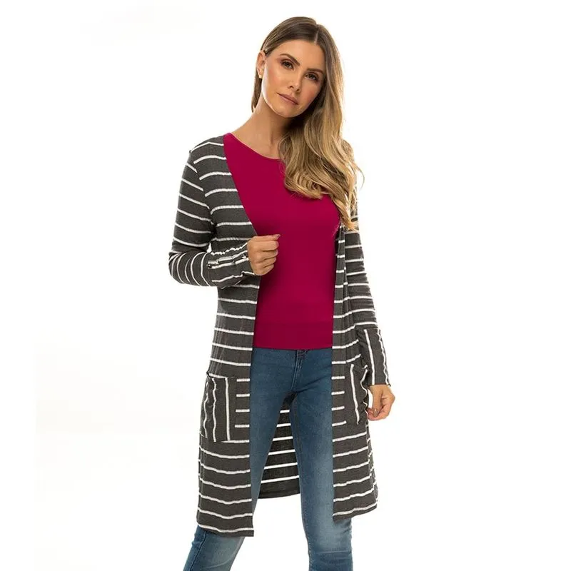 Cardigan Feminino Listrado Bolsos Endless Cinza P