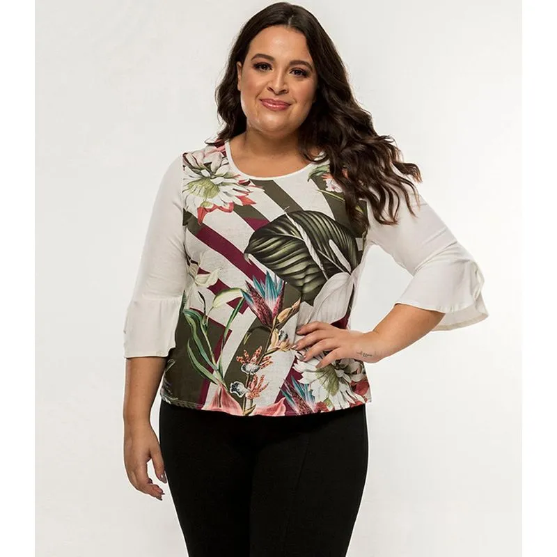 Blusa Feminina Estampa Flores Rovitex Plus Bege Plus M