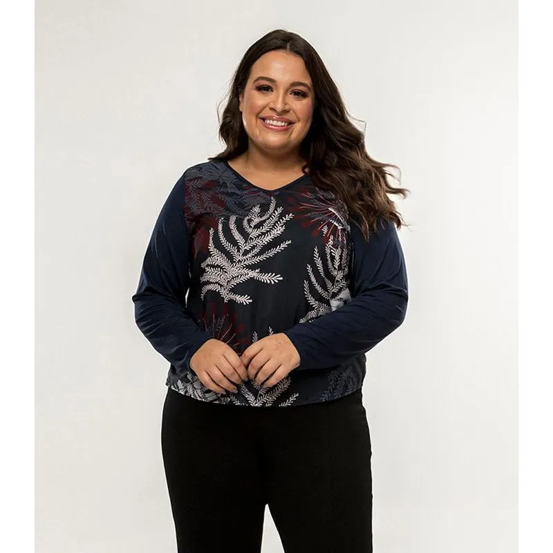 Blusa Feminina Estampa Flores Rovitex Plus Azul M
