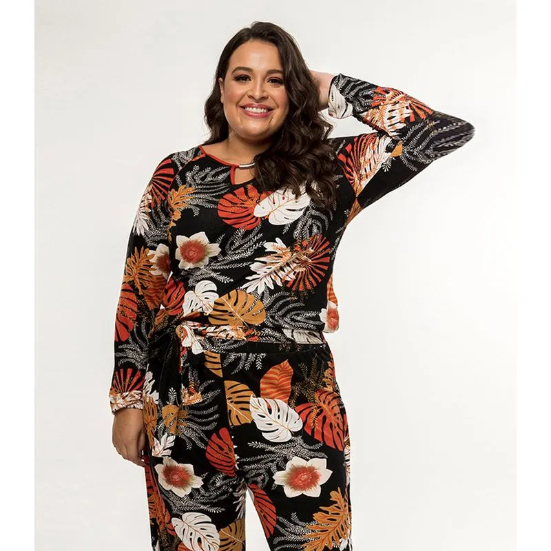 Blusa Feminina Estampada Rovitex Plus Preto Plus Gg
