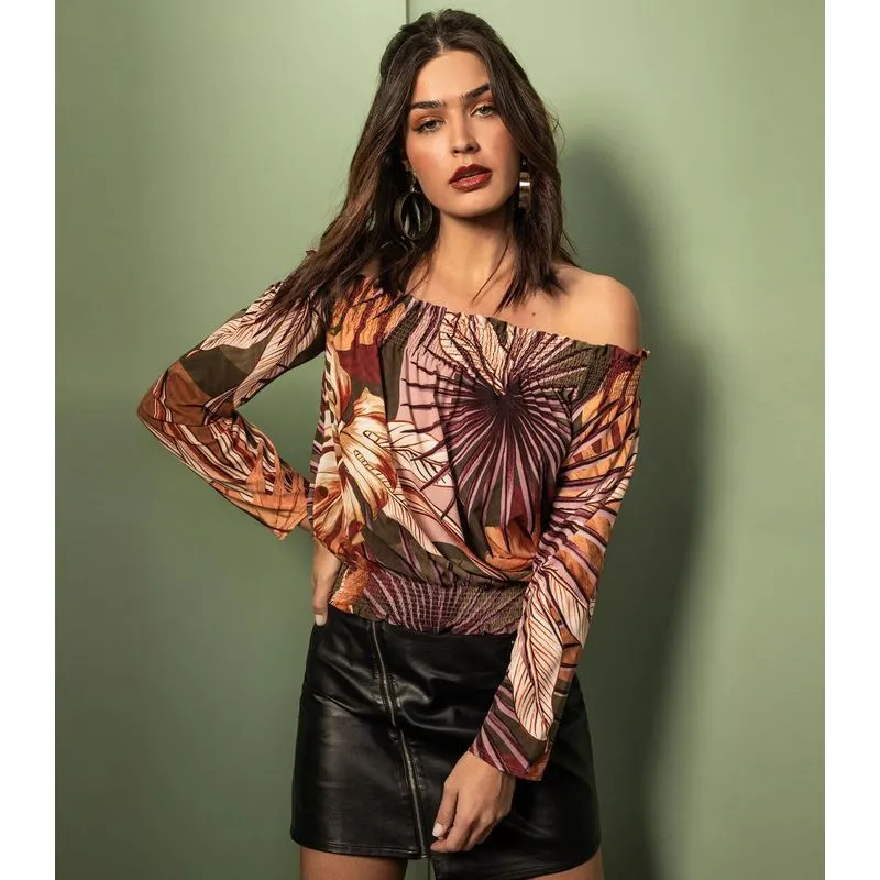 Blusa Feminina Ciganinha Estampada Endless Marrom G