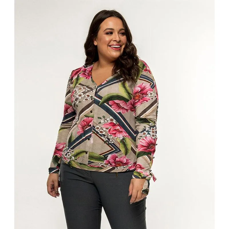 Camisa Feminina Botões Estampa Floral Secret Glam Bege Plus GG