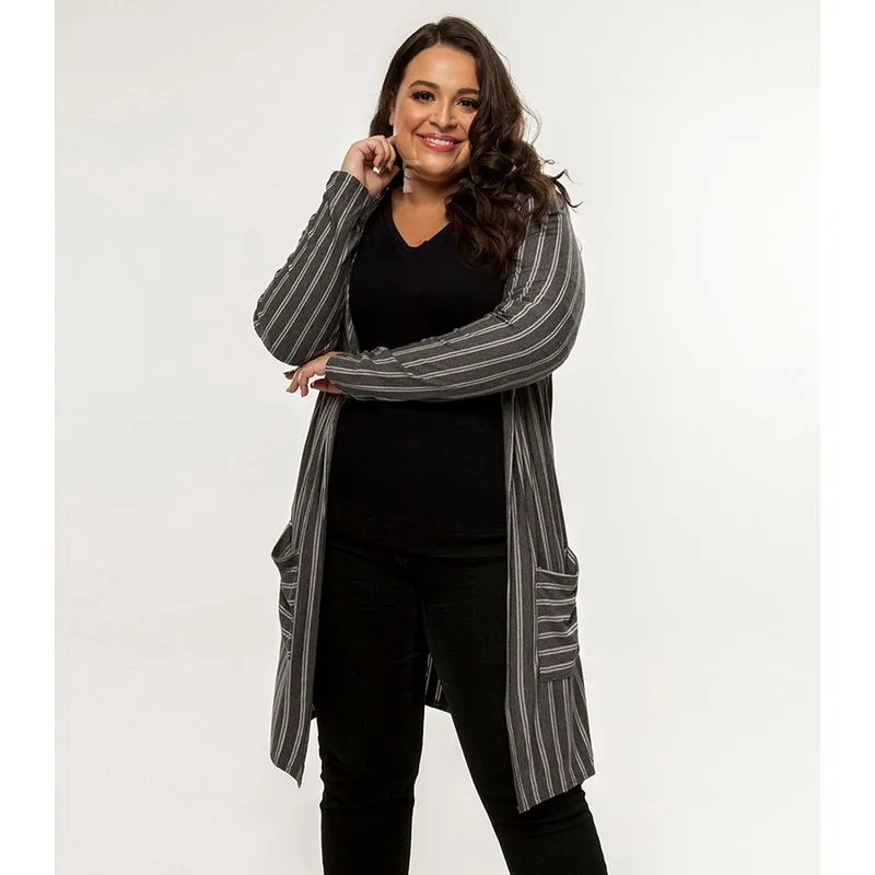 Cardigan Feminino Alongado Listrado Rovitex Plus Cinza Plus P