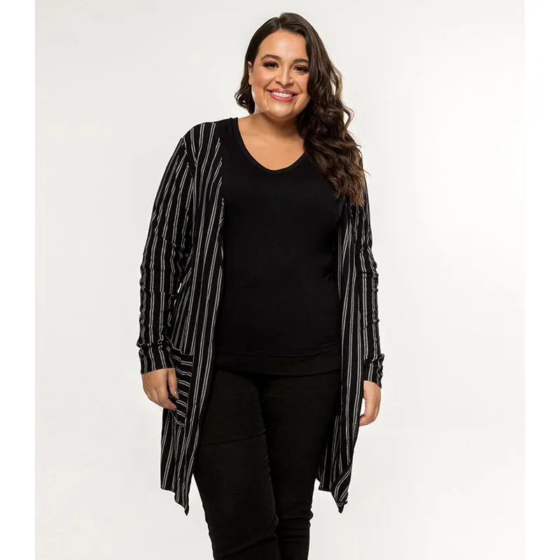 Cardigan Feminino Alongado Listrado Rovitex Plus Preto Plus M