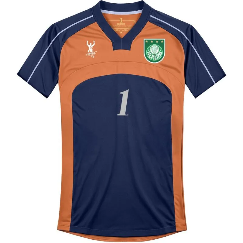 Camiseta Marcos Manga Curta Masculina Palmeiras Goleiro Retrô 2000 Camiseta Manga Marcos Curta Masculina Palmeiras Goleiro Retrô 2000 - Laranja/Azul - G