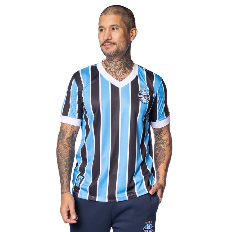 Camisa Masculina Betel Grêmio Mundial 1983 Gola V Azul/Preto - P