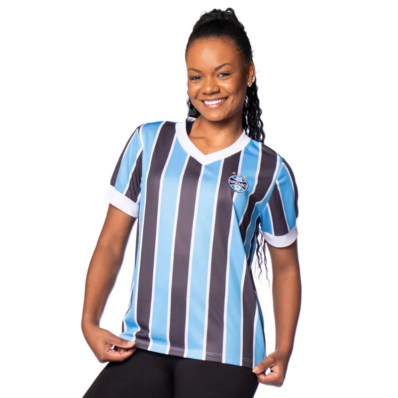 Camisa Feminina Betel Grêmio Mundial 1983 Gola V Azul/Preto - G