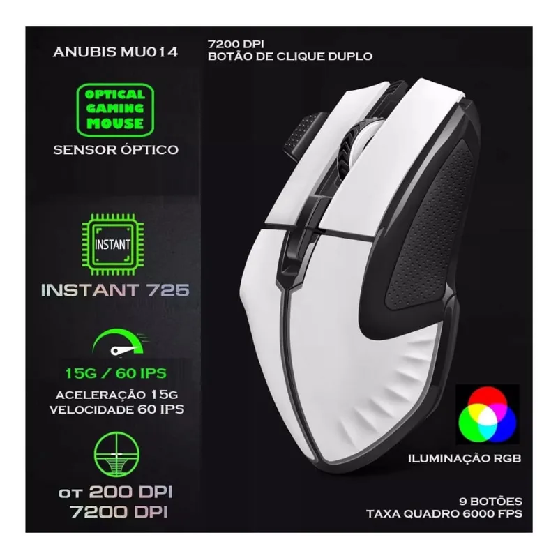 Mouse Gamer Anúbis Usb 7200 dpi e Led rgb - KP-MU014