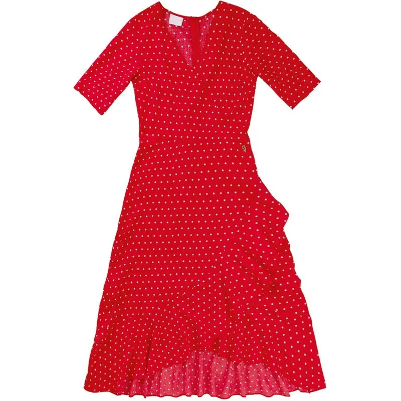 VESTIDO FEMININO ENFIM MIDI COM MANDAS TRANSPASSADO BABADO BOLINHA