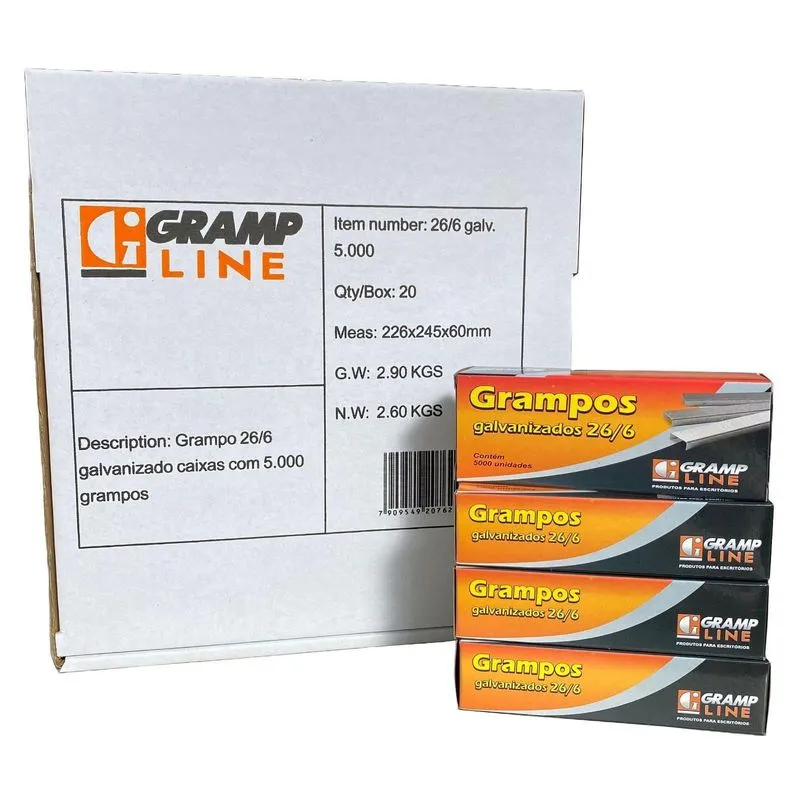 Grampo 26/6 Galvanizado 5000 Un. Grampline Kit Com 20 Caixas