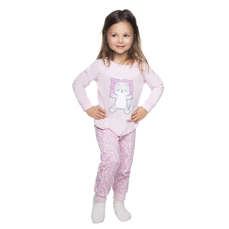 Pijama Meninas Longo Malha Rosa Gatinha Dormindo Have Fun