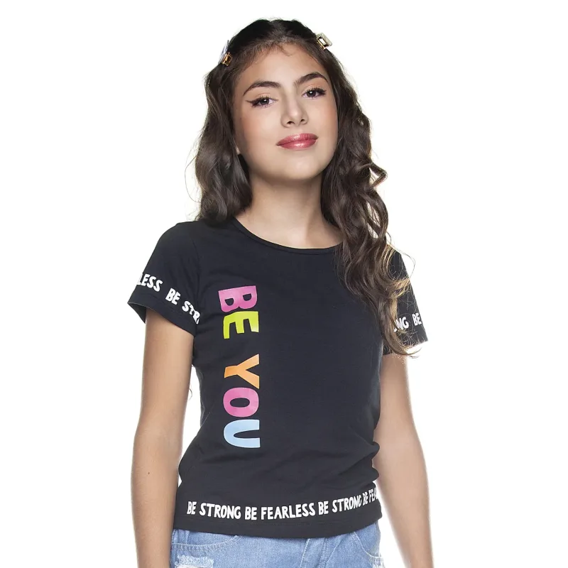 Camiseta Meninas Manga Curta Cotton Preta Be You Have Fun