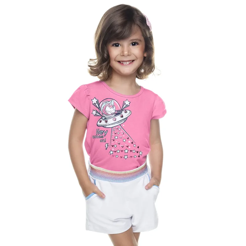 Conjunto Blusa Rosa Unicónio Espacial e Short Branco Elástico Rainbow Have Fun