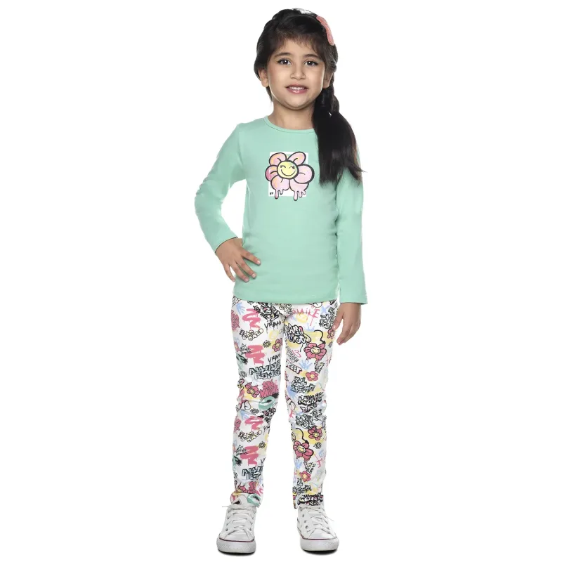 Conjunto Menina Blusa Verde Flor e Legging Desenho Grafites Have Fun
