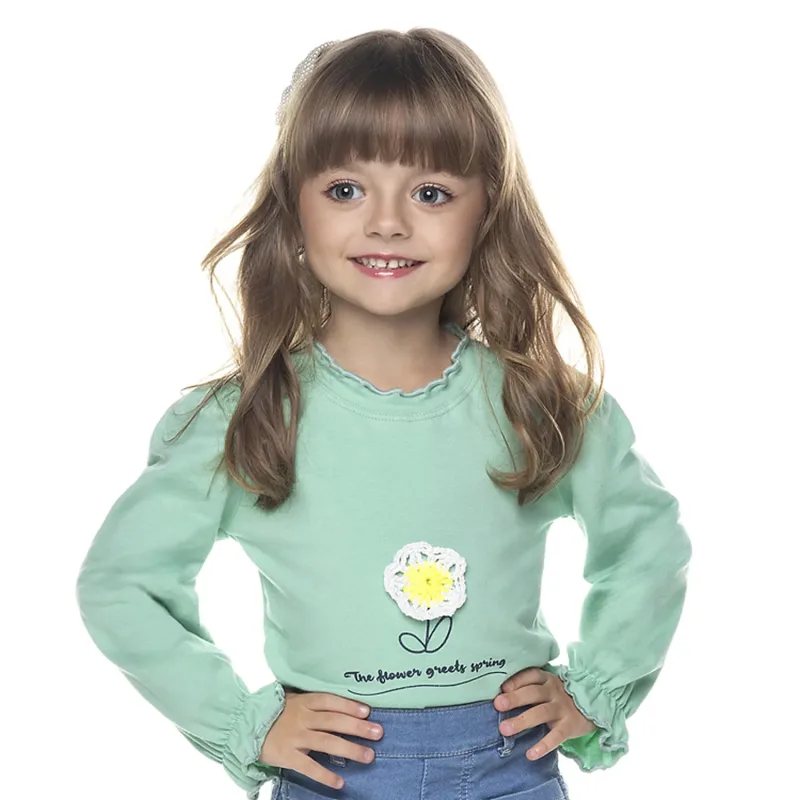 Blusa Infantil Manga Longa Verde Cotton com Flor Bordada Have Fun