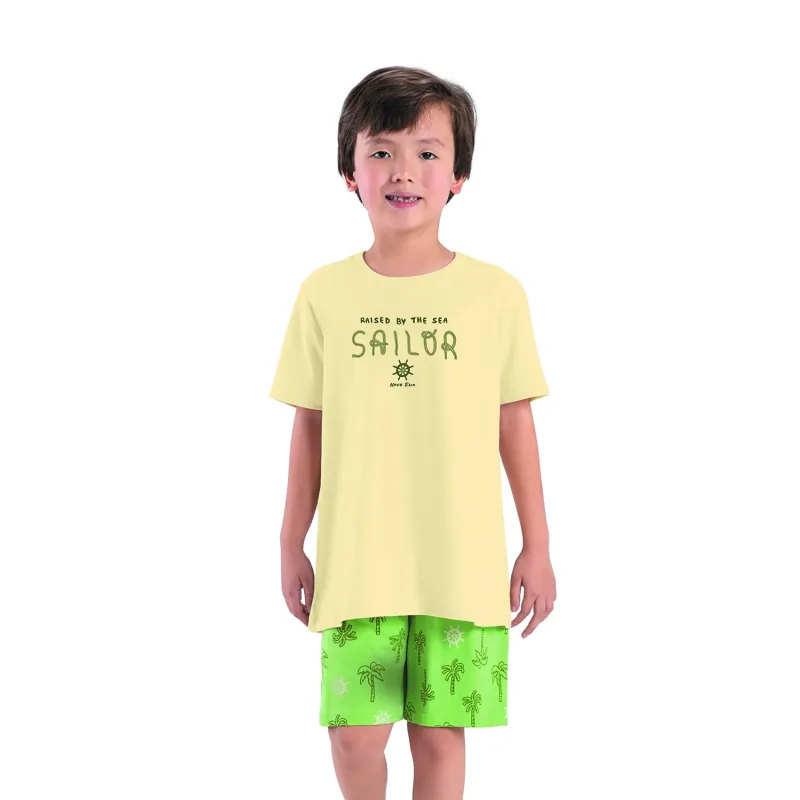 Pijama Meninos Manga Curta Malha Sailor Bege e Verde Have Fun