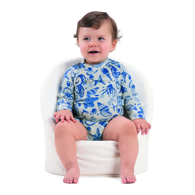 Maiô Body Bebê Praia Manga Longa Proteção Solar Branco Conchas Azuis Have Fun