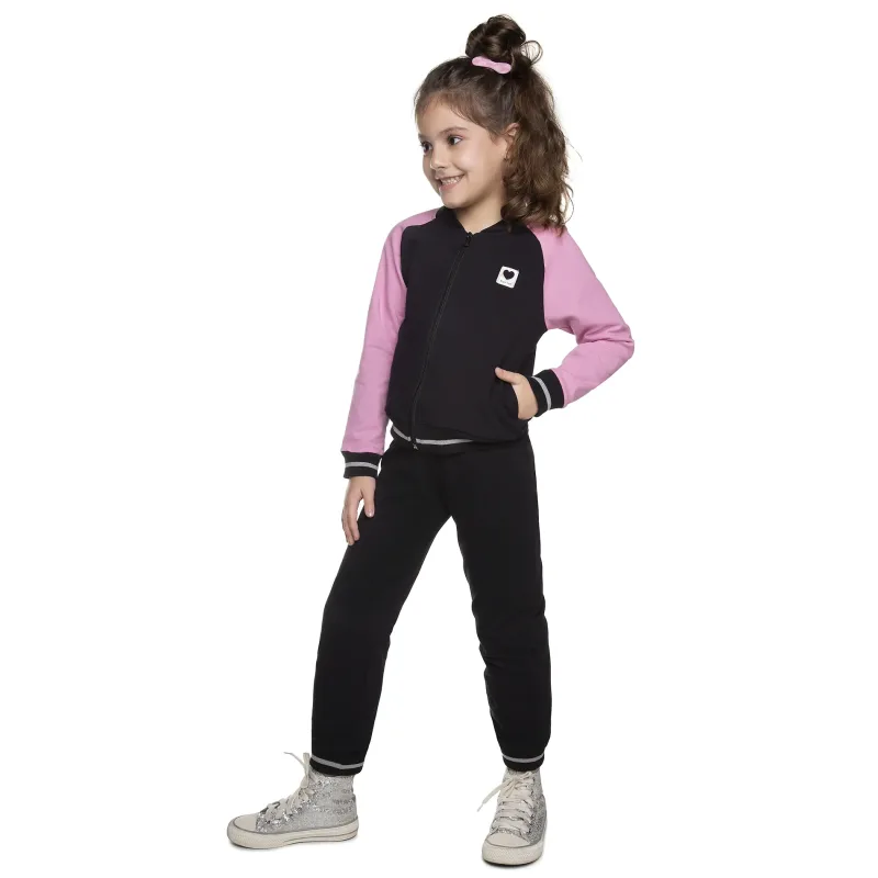 Conjunto Infantil Agasalho Moletom Zíper College Preto e Rosa Have Fun