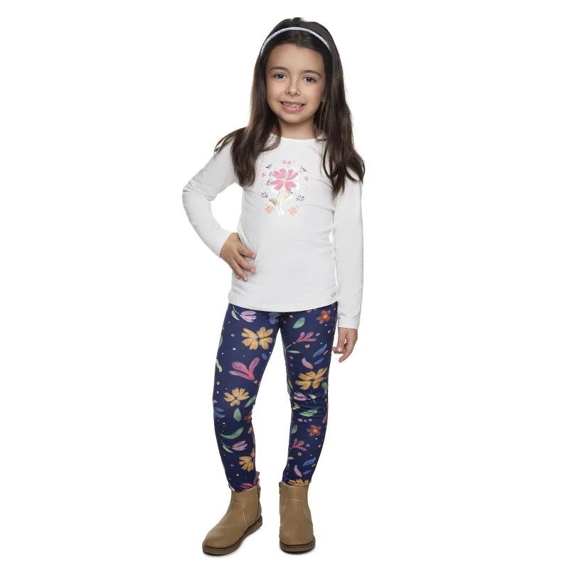 Conjunto Meninas Cotton Blusa Off-White e Legging Azul Flores Have Fun
