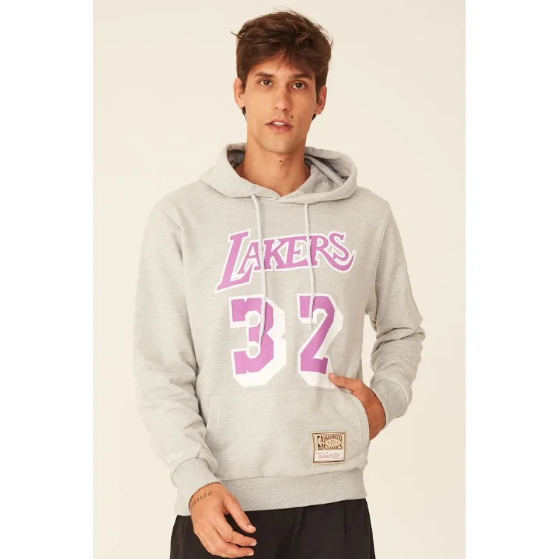Moletom Mitchell & Ness Fechado Com Capuz Los Angeles Lakers Magic Johnson Cinza Mescla - M