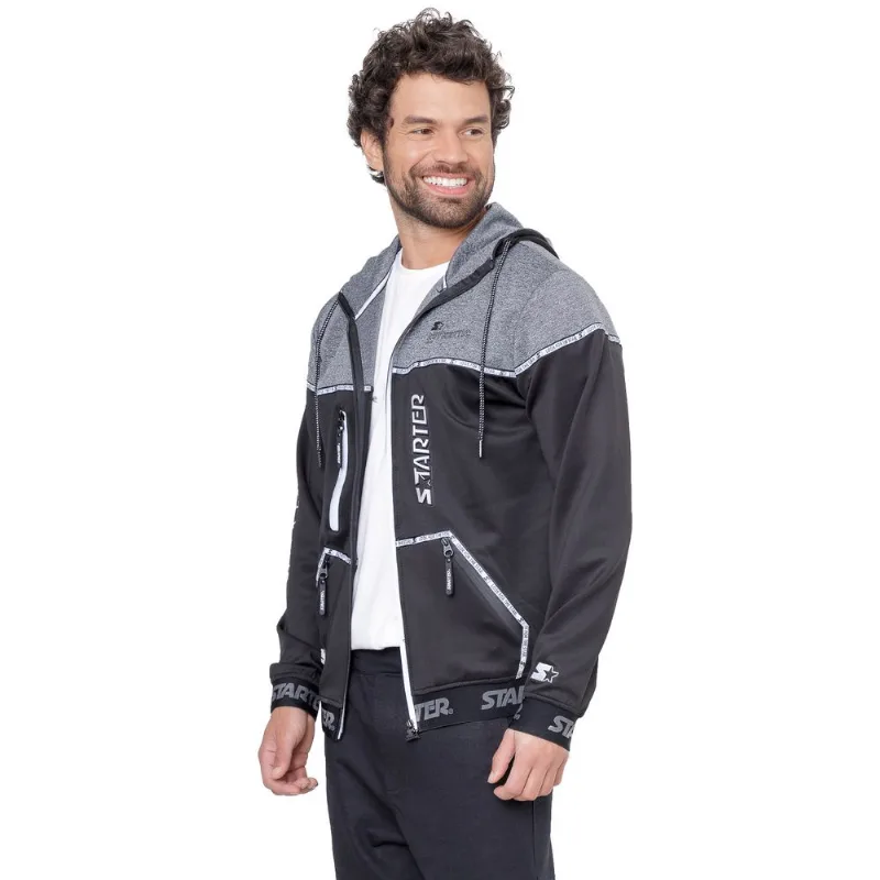 Moletom Starter Aberto Com Capuz Preto Com Cinza - G