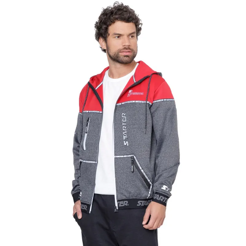Moletom Starter Aberto Com Capuz Cinza Com Vermelho - G