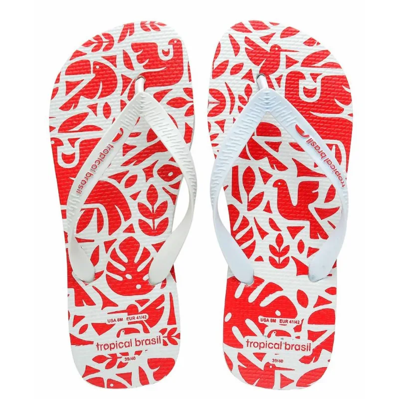 Chinelo Tropical Brasil Ilustração Flip Flop Branco Com Vemelho - 37