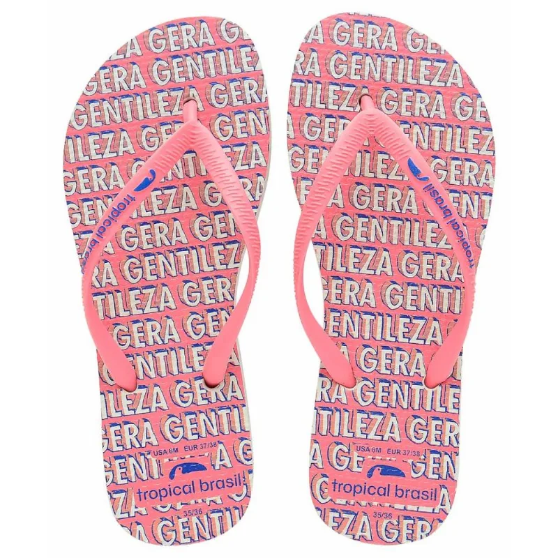 Chinelo Tropical Brasil Frases Flip Flop Branco Com Rosa - 39