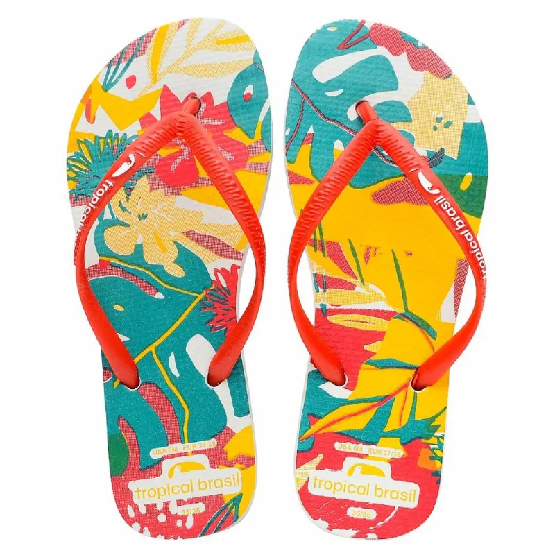Chinelo Tropical Brasil Ilustração Flip Flop Branco Com Vermelho - 35