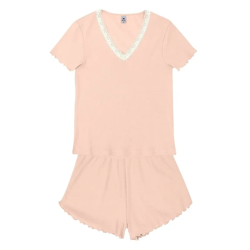 Pijama Feminino Curto Decote Em V Com Renda