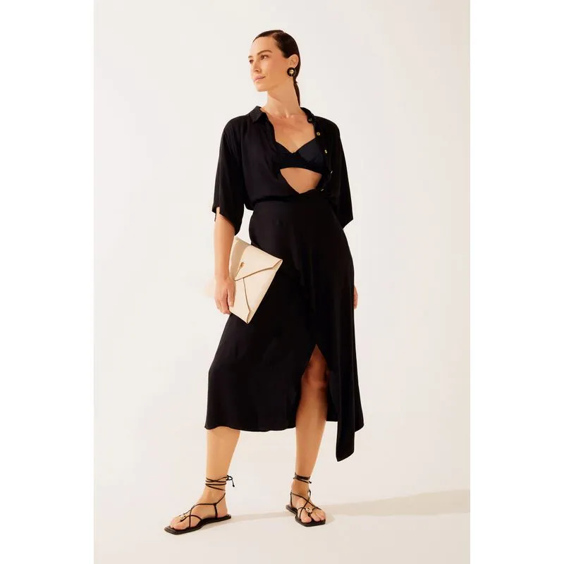 Saia Midi Babado Assimétrico Luau PRETO/BLACK P/S