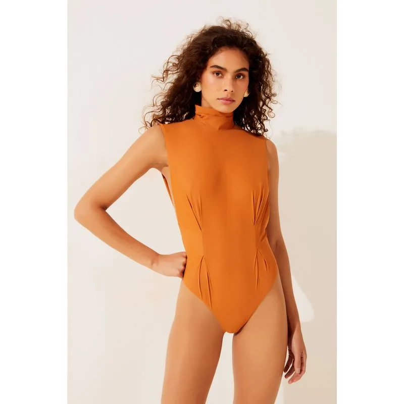 Body Frente Única Com Gola Rolê Liso Aposta MARROM/BROWN P/S