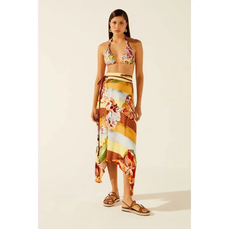 Saia Midi Amarração de Couro Orquídea Listras Flores AMARELO/YELLOW GG/XL