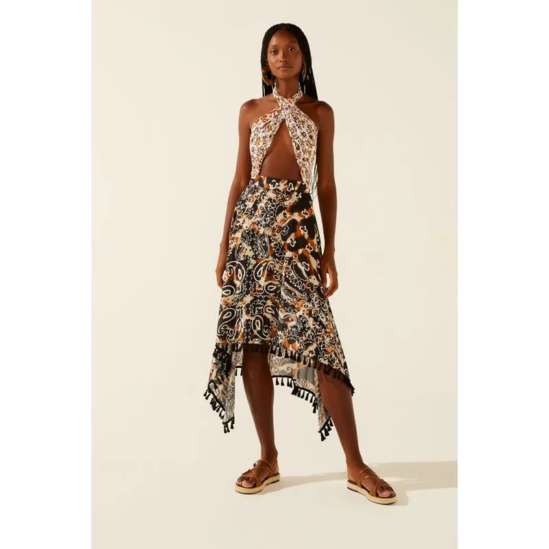 Saia Midi com Tassels Bandana Masai PRETO/BLACK G/L