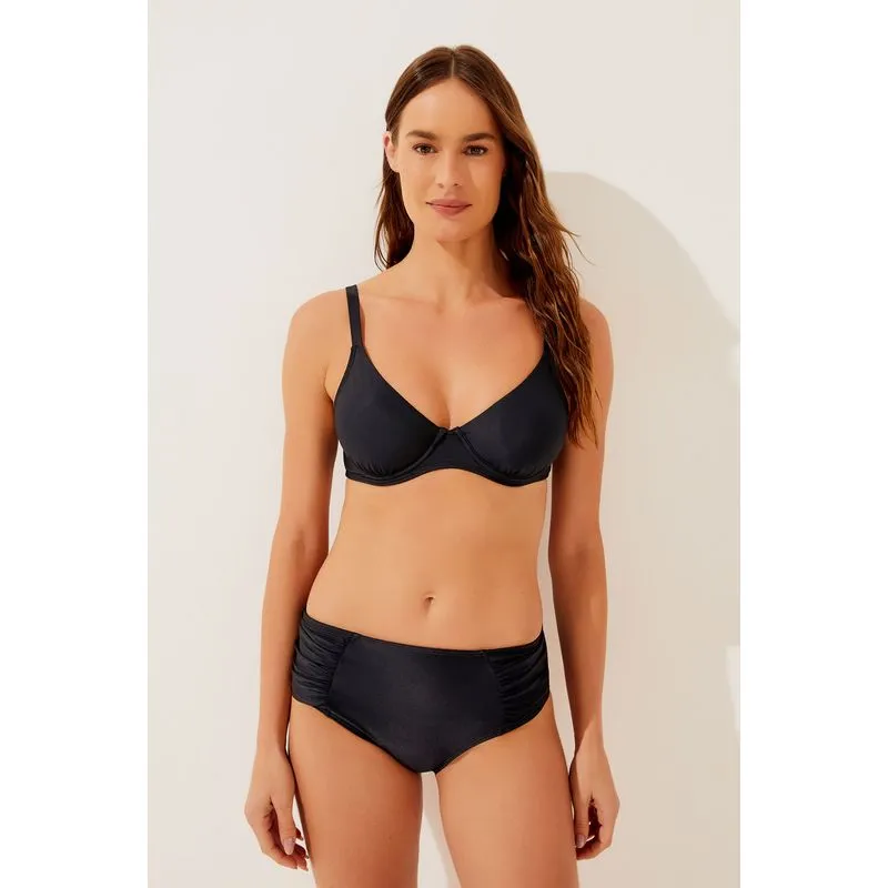 Biquíni Calcinha Lateral Larga Franzida Liso Clássico PRETO/BLACK P/S